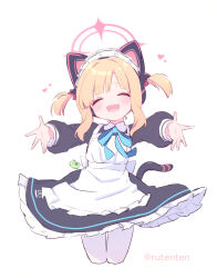 Rule 34 | 1girl, :d, ^ ^, animal ear headphones, animal ears, apron, blonde hair, blue archive, blue ribbon, blush, cat ear headphones, closed eyes, fake animal ears, fake tail, halo, headphones, highres, long sleeves, maid, maid apron, maid headdress, momoi (blue archive), momoi (maid) (blue archive), neck ribbon, official alternate costume, open mouth, pink halo, ribbon, ruten (onakasukusuku), short hair, simple background, smile, solo, tail, twitter username, two side up, white apron, white background