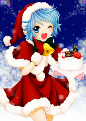Rule 34 | 1girl, bell, blue background, blue eyes, blue hair, bow, cake, christmas, eyelashes, female focus, food, fruit, gloves, highres, index finger raised, light particles, looking at viewer, one eye closed, open mouth, red gloves, santa claus, santa costume, star (sky), strawberry, tatara kogasa, touhou, wink, wreath, yuzuna99