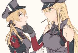Rule 34 | 2girls, anchor hair ornament, bismarck (kancolle), black gloves, blonde hair, blue eyes, blush, breasts, cross, elbow gloves, food, from side, gloves, grabbing another&#039;s chin, hair ornament, hand on another&#039;s chin, hat, iron cross, kantai collection, long hair, long sleeves, medium breasts, mouth hold, multiple girls, peaked cap, pocky, prinz eugen (kancolle), satsumi, simple background, sketch, sleeveless, twintails, upper body, white background, white gloves, yuri