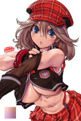 Rule 34 | 1girl, alisa ilinichina amiella, amania orz, blue eyes, breasts, fingerless gloves, gloves, god eater, god eater burst, hat, highres, large breasts, open mouth, plaid headwear, short hair, simple background, solo, suspenders, suspenders slip, underboob, white background