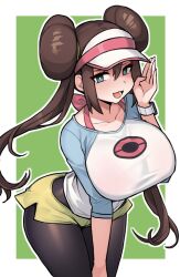 Rule 34 | 1girl, black leggings, blue eyes, bow, breasts, bright pupils, brown hair, collarbone, commentary, creatures (company), double bun, doughnut hair bun, game freak, hair bun, highres, large breasts, leaning forward, leggings, long hair, nago purin, nintendo, pink bow, pokemon, pokemon bw2, raglan sleeves, rosa (pokemon), short shorts, shorts, solo, symbol-only commentary, twintails, visor cap, watch, white pupils, wristwatch, yellow shorts