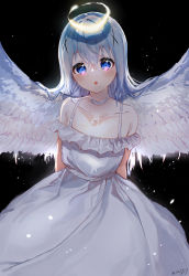 Rule 34 | 1girl, :o, absurdres, angel, angel wings, arms behind back, backlighting, bare shoulders, black background, blue eyes, blue hair, choker, collarbone, commentary request, dress, feathered wings, gochuumon wa usagi desu ka?, hair between eyes, hair ornament, halo, highres, kafuu chino, long hair, looking at viewer, open mouth, seize, simple background, solo, spread wings, sundress, upper body, white choker, white dress, white wings, wings, x hair ornament