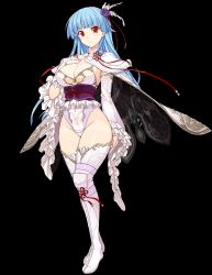 Rule 34 | 1girl, black background, blue hair, boots, breasts, capelet, cleavage, detached sleeves, flower, hair flower, hair ornament, hairband, highres, japanese clothes, kimono, large breasts, leotard, long hair, looking at viewer, obi, official art, red eyes, ring dream, sasaki yukime, sash, simple background, smile, solo, thigh boots, thighhighs, wrestling outfit, yuki onna (ring dream)