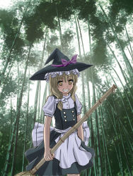 Rule 34 | 1girl, apron, avalon (kuroame), bamboo, bamboo broom, bamboo forest, black hat, black skirt, black vest, blonde hair, bow, broom, buttons, cowboy shot, double-breasted, dress shirt, eyebrows, female focus, forest, grin, hair bow, hat, hat bow, hat ribbon, holding, holding broom, kirisame marisa, long hair, looking at viewer, nature, outdoors, purple bow, ribbon, shirt, short sleeves, skirt, smile, solo, standing, touhou, turtleneck, vest, waist apron, white apron, white bow, white shirt, witch, witch hat, yellow eyes