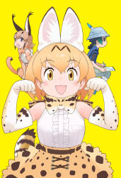 Rule 34 | 1boy, 2girls, :d, :o, animal ears, animal print, backpack, bag, belt, black shirt, blonde hair, blue eyes, blue footwear, blue vest, bow, bowtie, caracal (kemono friends), caracal ears, dot nose, drawing, green hair, happy, hat, hat feather, highres, kemono friends, kemono friends 2, kyururu (kemono friends), leaning forward, looking at viewer, multicolored hair, multiple girls, official art, open mouth, orange bow, orange bowtie, orange hair, orange skirt, ponytail, poster (object), print bow, print bowtie, serval (kemono friends), serval print, shirt, sitting, sketchbook, skirt, sleeveless, sleeveless shirt, smile, tail, third-party edit, traditional bowtie, vest, white shirt, yellow background, yellow bow, yellow bowtie, yellow eyes, yoshizaki mine