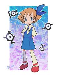 Rule 34 | 1girl, arms behind back, blue dress, blue eyes, border, brown hair, commentary request, creatures (company), dress, eyelashes, full body, game freak, gen 2 pokemon, highres, i g1ax, molly hale, neckerchief, nintendo, open mouth, outline, pokemon, pokemon (anime), pokemon (classic anime), pokemon (creature), pokemon 3: the movie - spell of the unown: entei, red footwear, shirt, shoes, short sleeves, smile, solo, standing, thighhighs, tongue, twitter username, unown, white border, white shirt, white thighhighs