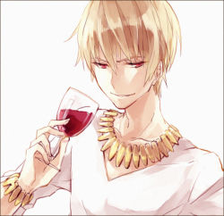 Rule 34 | 1boy, alcohol, blonde hair, bracelet, casual, cup, drinking glass, fate/zero, fate (series), gilgamesh (fate), himishiro, jewelry, male focus, necklace, official alternate costume, red eyes, short hair, solo, v-neck, white background, wine, wine glass