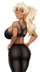 Rule 34 | 1girl, ass, bare arms, bare shoulders, black pants, blonde hair, breasts, commentary, cowboy shot, dark-skinned female, dark skin, english commentary, from behind, hair between eyes, hands on own hips, large breasts, leggings, long hair, looking at viewer, looking back, midriff, original, pants, parted lips, ponytail, simple background, smile, solo, sports bra, twrlare, white background, yellow eyes, yoga pants