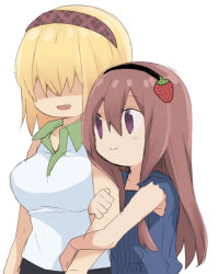 Rule 34 | 2girls, :d, alice margatroid, alternate costume, arm hug, black hairband, black skirt, blonde hair, blue dress, breasts, brown hair, brown hairband, closed mouth, commentary request, cookie (touhou), dress, food-themed hair ornament, hair between eyes, hair ornament, hair over eyes, hairband, ichigo (cookie), jigen (cookie), large breasts, long hair, looking afar, multiple girls, nahori (hotbeans), open mouth, plaid hairband, purple eyes, shaded face, shirt, short hair, simple background, skirt, sleeveless, sleeveless shirt, smile, strawberry hair ornament, touhou, upper body, white background, white shirt