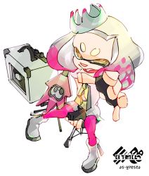 Rule 34 | 1girl, blunt bangs, boots, buck teeth, chair, crown, dress, electric guitar, guitar, inkling, inoue seita, instrument, looking at viewer, mole, mole under mouth, nintendo, official art, outstretched arm, pantyhose, pearl (splatoon), pink pantyhose, short dress, short eyebrows, short hair, simple background, sitting, smile, solo, splatoon (series), splatoon 2, stereo, teeth, tentacle hair, white background, white dress, white footwear, white hair