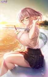 Rule 34 | 1girl, arm up, black skirt, blurry, blurry background, breasts, collared shirt, commentary request, cup, disposable cup, drinking straw, evening, floating hair, glasses, green eyes, grey hair, highres, holding, holding cup, hololive, hozumi kaoru, large breasts, looking at viewer, ocean, open mouth, plaid, pleated skirt, school uniform, semi-rimless eyewear, shirogane noel, shirogane noel (school uniform), shirt, sitting, skirt, sky, smile, tented shirt, thighs, under-rim eyewear, uniform, virtual youtuber, watermark, white shirt