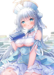Rule 34 | 1girl, bare shoulders, blue dress, blue eyes, blue headwear, blurry, blurry background, blush, book, book stack, braid, breasts, cleavage, commentary request, crown braid, depth of field, detached wings, double bun, dress, grey hair, hair bun, highres, holding, holding book, looking at viewer, medium breasts, mini wings, omochi monaka, original, parted lips, solo, twintails, underboob, white wings, wings