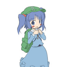 Rule 34 | 1girl, backpack, bag, blue eyes, blue hair, blush stickers, female focus, hair bobbles, hair ornament, hat, kawashiro nitori, key, matching hair/eyes, own hands together, short hair, simple background, smile, solo, touhou, twintails, two side up, white background