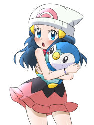 Rule 34 | 1girl, beanie, blue eyes, blue hair, blush, cocoa (p cocoa f), creatures (company), dawn (pokemon), game freak, gen 4 pokemon, hair ornament, hairclip, hat, highres, holding, long hair, looking at viewer, nintendo, open mouth, piplup, pokemon, pokemon (anime), pokemon (creature), pokemon dppt (anime), scarf, simple background, skirt, solo, white background, white hat