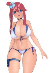 Rule 34 | 1girl, absurdres, alternate breast size, alternate costume, bikini, black choker, blue eyes, blush, breasts, choker, commentary request, creatures (company), eyelashes, game freak, hair between eyes, highres, large breasts, long hair, looking down, natsuki straight, navel, nintendo, open mouth, pokemon, pokemon bw, pouch, red hair, sidelocks, simple background, skindentation, skyla (pokemon), solo, swimsuit, teeth, thigh pouch, thigh strap, tongue, upper teeth only, white background