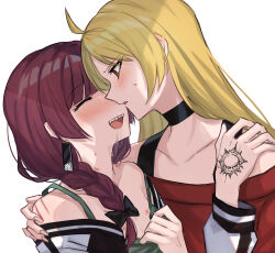 Rule 34 | 2girls, absurdres, ahoge, aoki shizumi, bare shoulders, bite mark, bite mark on breast, bite mark on neck, black bow, black choker, black straps, blonde hair, blush, bocchi the rock!, bow, braid, breasts, choker, closed eyes, clothes pull, dress pull, drunk, earrings, face-to-face, french braid, hair bow, hand on another&#039;s shoulder, hand tattoo, highres, hiroi kikuri, ijichi seika, imminent kiss, jacket, jewelry, long hair, long sleeves, looking at another, multiple girls, no bra, off shoulder, open clothes, open jacket, open mouth, purple hair, red eyes, red sweater, scratches, sharp teeth, simple background, small breasts, solo, sweatdrop, sweater, tattoo, teeth, upper body, upper teeth only, white background, yuri