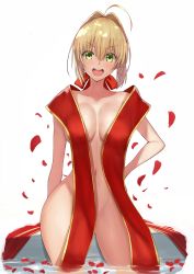 Rule 34 | 1girl, ahoge, akatsuki ikki, bare shoulders, blonde hair, blush, breasts, collarbone, convenient censoring, fate/extra, fate/grand order, fate (series), green eyes, hair between eyes, hair intakes, hair ribbon, highres, hip focus, large breasts, long hair, looking at viewer, medium breasts, naked ribbon, navel, nero claudius (fate), nero claudius (fate) (all), nero claudius (fate/extra), official alternate costume, open mouth, petals, petals on liquid, red ribbon, ribbon, sash, shade, simple background, smile, solo, standing, thighs, wading, water, white background