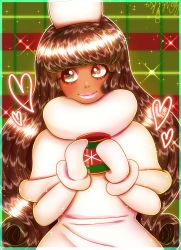 Rule 34 | 1girl, artist name, blush, brown eyes, brown hair, cocoa cookie, commentary, cookie run, cup, dark-skinned female, dark skin, english commentary, fur trim, gloves, hat, heart, heart background, highres, holding, humanization, long hair, looking at viewer, mug, personification, print mug, smile, smug, snowflake print, solo, tan, upper body, washiko, white gloves