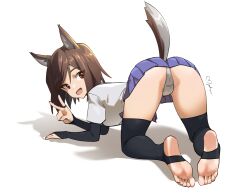 Rule 34 | 1girl, absurdres, all fours, animal ears, ass, blue hakama, bridal gauntlets, brown eyes, brown hair, crotch seam, dog ears, dog girl, dog tail, feet, foot focus, foreshortening, from behind, full body, hakama, hakama short skirt, hakama skirt, highres, japanese clothes, kuroda kunika, looking at viewer, looking back, mmmalice, noble witches, open mouth, panties, pantyshot, short hair, signature, skirt, smile, soles, solo, stirrup legwear, tail, thighhighs, toeless legwear, toes, top-down bottom-up, underwear, upskirt, v, white background, white panties, world witches series