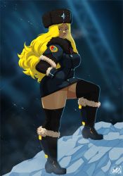 Rule 34 | 1girl, ass, black gloves, blonde hair, blue eyes, boots, breasts, capcom, coat, fur hat, fur trim, gloves, hat, highres, ice, kolin, large breasts, leg up, lips, long hair, solo, standing, street fighter, street fighter v, thick thighs, thighhighs, thighs, tovio rogers, ushanka, wavy hair, wide hips, winter clothes, winter coat, zettai ryouiki