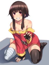 Rule 34 | 1girl, arm support, bandaged leg, bandages, bare shoulders, belt, black gloves, black mutou, black thighhighs, blush, breasts, brown belt, brown hair, claw pose, cleavage, collarbone, commentary request, detached sleeves, dress, female focus, fingerless gloves, full body, gloves, grin, hand up, kono subarashii sekai ni shukufuku wo!, looking at viewer, megumin, no shoes, off-shoulder dress, off shoulder, reaching, reaching towards viewer, red dress, red eyes, short hair, sidelocks, simple background, single thighhigh, sitting, skindentation, small breasts, smile, solo, thighhighs, wariza, white background