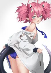 Rule 34 | 1girl, absurdres, ahoge, bare shoulders, blue archive, blue necktie, blue panties, blush, breasts, coat, cowboy shot, dress, e buki, fang, green eyes, hair ornament, highres, horns, momoka (blue archive), necktie, off shoulder, open mouth, panties, pink hair, pointy ears, short dress, short hair, sidelocks, simple background, skin fang, sleeveless, sleeveless dress, small breasts, smile, solo, standing, tail, twintails, underwear, white coat, white dress