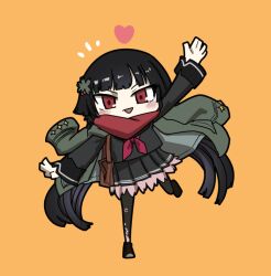 Rule 34 | 1girl, :d, arm up, black footwear, black hair, black pantyhose, black serafuku, black shirt, black skirt, blunt bangs, blush, chibi, clip studio paint (medium), commentary request, full body, girls&#039; frontline, green jacket, hair ornament, heart, jacket, jacket on shoulders, korean commentary, long hair, long sleeves, looking at viewer, madcore, neckerchief, notice lines, open mouth, orange background, pantyhose, pleated skirt, red eyes, red neckerchief, red scarf, scarf, school uniform, serafuku, shirt, skirt, smile, solo, standing, standing on one leg, type 100 (girls&#039; frontline), v-shaped eyebrows, very long hair