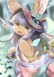 Rule 34 | 1other, absurdres, androgynous, animal ears, blunt bangs, brown fur, fangs, furry, highres, looking at viewer, made in abyss, nanachi (made in abyss), open mouth, shiitake fuumi, short hair, smile, solo, whiskers, white hair, yellow eyes