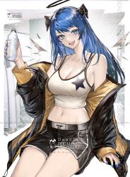 Rule 34 | 1girl, :d, arknights, atsumi 7, black shorts, blue eyes, blue hair, blue nails, bottle, breasts, camisole, cleavage, commentary request, crop top, halo, hand up, holding, holding bottle, horns, large breasts, long hair, looking at viewer, midriff, mostima (arknights), nail polish, navel, official alternate costume, open mouth, shorts, sitting, smile, solo, spaghetti strap, star (symbol), stomach, thighs, very long hair, water bottle