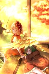 Rule 34 | 2girls, absurdres, animal ears, architecture, autumn leaves, besuteia, bird, bird wings, blonde hair, blurry, blurry background, blush, brown dress, chick, commentary request, dress, east asian architecture, feathered wings, green hair, highres, kasodani kyouko, long sleeves, looking at viewer, looking back, lying, multicolored hair, multiple girls, niwatari kutaka, on side, open mouth, outdoors, puffy short sleeves, puffy sleeves, red hair, short hair, short sleeves, sitting, sky, sleeping, smile, tail, tatami, touhou, twilight, two-tone dress, two-tone hair, veranda, wings, yellow eyes, yellow sky