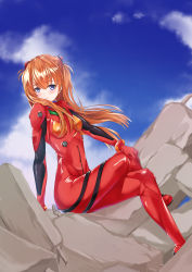 Rule 34 | 1girl, absurdres, arm support, blue eyes, blue sky, blush, bodysuit, brown hair, closed mouth, cloud, covered navel, crossed legs, curvy, day, floating hair, hair between eyes, hand on own knee, headgear, highres, interface headset, long hair, looking at viewer, neon genesis evangelion, plugsuit, rebutsu, red bodysuit, shiny clothes, shiny skin, sitting, sky, solo, souryuu asuka langley, very long hair