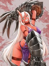 Rule 34 | 1girl, arm up, armband, blood, breasts, choker, claw (weapon), colored skin, facial mark, green eyes, highres, horns, huge weapon, large breasts, long hair, nujima, ogre gun smoke, oni, pointy ears, red skin, sharp teeth, slit pupils, smile, solo, teeth, thigh strap, torn clothes, very long hair, weapon, white hair