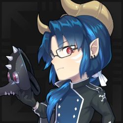 Rule 34 | 1boy, blue hair, dragon boy, dragon horns, glasses, horns, looking to the side, low ponytail, lowres, mask, official art, pale skin, pointy ears, polygon project, red eyes, solo, virtual youtuber, xgamma