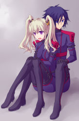 Rule 34 | 1boy, 1girl, black footwear, black gloves, blue bodysuit, blue eyes, blue hair, blush, bodysuit, boots, breasts, breasts apart, code geass, code geass: boukoku no akito, couple, full body, gloves, grey background, hair between eyes, hands on own knees, hyuuga akito, kazumoto saori, leila malcal, long hair, medium breasts, open mouth, purple eyes, silver hair, simple background, sitting, sweatdrop, thigh boots, thighhighs, twintails, very long hair