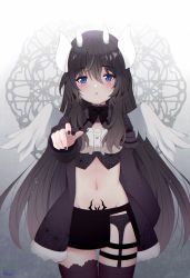 Rule 34 | 1girl, black coat, black hair, black nails, black skirt, black thighhighs, blue eyes, breasts, coat, cowboy shot, crop top, feathered wings, garter belt, gradient hair, groin, highres, horns, long hair, long sleeves, looking at viewer, medium breasts, midriff, miniskirt, mole, mole under mouth, multicolored hair, nail polish, navel, open clothes, open coat, original, parted lips, pubic tattoo, sana hamada, side slit, skirt, solo, stomach, tattoo, thigh strap, thighhighs, very long hair, wings