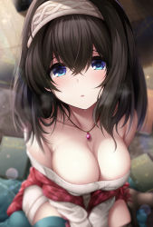 Rule 34 | 1girl, bare shoulders, black hair, blue eyes, blush, book, breasts, cleavage, collarbone, garana, hair between eyes, hairband, highres, idolmaster, idolmaster cinderella girls, jewelry, large breasts, long hair, looking at viewer, necklace, off-shoulder sweater, off shoulder, open mouth, pendant, ribbed sweater, sagisawa fumika, shawl, solo, sweater, white sweater