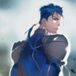 Rule 34 | 1boy, angry, armor, beads, bifanghuanshi, blue hair, cu chulainn (fate), dated, earrings, fate/stay night, fate (series), floating hair, from behind, hair beads, hair ornament, highres, jewelry, cu chulainn (fate/stay night), long hair, looking at viewer, looking back, male focus, pauldrons, ponytail, red eyes, shoulder armor, signature, skin tight, slit pupils, solo, spiked hair, type-moon