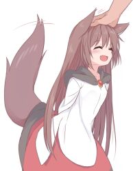 Rule 34 | 1girl, :d, ^ ^, aged down, animal ears, arms behind back, brown hair, closed eyes, fang, hand on another&#039;s head, headpat, highres, imaizumi kagerou, kazawa (tonzura-d), long hair, long sleeves, neckerchief, open mouth, red skirt, shirt, simple background, skin fang, skirt, smile, tail, tail wagging, touhou, white background, white shirt, wolf ears, wolf girl, wolf tail