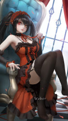 Rule 34 | 1girl, absurdres, artist name, backlighting, bad id, bad pixiv id, black hair, breasts, choker, cleavage, clock, clock eyes, date a live, date a live: date a bullet, detached sleeves, garter straps, gothic lolita, hairband, heterochromia, highres, impasto, itsuka shidou, lace, lace choker, lolita fashion, lolita hairband, medium breasts, red eyes, smirk, solo, symbol-shaped pupils, thighhighs, thighs, tokisaki kurumi, twintails, uneven twintails, weber, yellow eyes