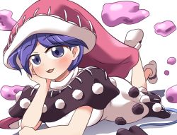 Rule 34 | 1girl, blue eyes, blue hair, blush, doremy sweet, dream soul, dress, hat, nightcap, open mouth, pom pom (clothes), red hat, rokugou daisuke, short hair, short sleeves, signature, simple background, smile, solo, tail, tapir tail, touhou, white background, white dress