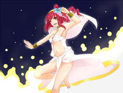 Rule 34 | 1girl, armpits, bare legs, barefoot, blush, bottomless, bracelet, breasts, choker, cleavage, dancer, dancing, dress, flower, hair flower, hair ornament, harem outfit, headdress, jewelry, kanaderu, lots of jewelry, magi the labyrinth of magic, medium breasts, midriff, morgiana, navel, necklace, red hair, solo, underboob, veil
