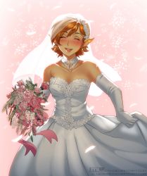 Rule 34 | backlighting, blush, bouquet, breasts, bridal veil, bride, brown hair, choker, closed eyes, collaboration, collarbone, commentary, commission, curtsey, dress, earrings, elbow gloves, elf, english commentary, facing viewer, flower, gloves, happy, highres, jewelry, lips, mleth, nose blush, petals, pink background, pink flower, pink rose, pointy ears, rose, rowan (tales of elsewhen), second-party source, short hair, small breasts, smile, strapless, strapless dress, tales of elsewhen, teeth, upper teeth only, veil, veroro, watermark, web address, wedding dress, white choker, white dress, white gloves