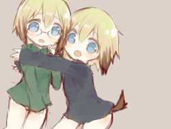 Rule 34 | 2girls, blonde hair, blue eyes, blush, bottomless, brown hair, dog tail, erica hartmann, glasses, long sleeves, military, military uniform, multicolored hair, multiple girls, open mouth, short hair, siblings, simple background, sisters, strike witches, strike witches: suomus misfits squadron, suzukawa yoshino, tail, twins, two-tone hair, uniform, ursula hartmann, world witches series
