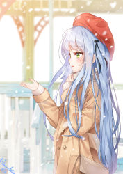 Rule 34 | 1girl, artist name, bad id, bad pixiv id, bag, beret, black ribbon, blunt bangs, blurry, blurry background, blush, breath, brown coat, casual, coat, commentary, contemporary, day, depth of field, facial mark, fingernails, from side, girls&#039; frontline, green eyes, grey scarf, hair ribbon, handbag, hat, highres, hk416 (girls&#039; frontline), long sleeves, open mouth, outdoors, outstretched hand, pinocchio (dlekrkdwlt), profile, red hat, ribbon, scarf, snowing, solo, winter, winter clothes, winter coat