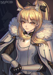 Rule 34 | 1girl, animal ear fluff, animal ears, arknights, armor, black background, black gloves, black ribbon, blemishine (arknights), blonde hair, breastplate, commentary request, fur trim, gloves, hair ribbon, highres, horse girl, kingdom of kazimierz logo, long hair, looking at viewer, nairobi song, ribbon, simple background, smile, solo, upper body, vambraces, yellow eyes