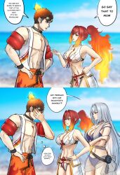 Rule 34 | 1boy, 2girls, 2koma, beach, bikini, breast hold, breasts, brown hair, cammuravi (xenoblade), cleavage, comic, crossed arms, english text, ethel (xenoblade), father and daughter, grey e, grey hair, hand on own hip, hands on own hips, height difference, highres, humor, large breasts, legs, long hair, mother and daughter, multiple girls, navel, ocean, parted lips, pointy hair, ponytail, red eyes, red hair, sarong, see-through, shorts, smile, sunglasses, swimsuit, thighs, toned, water, xenoblade chronicles (series)