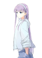 Rule 34 | 1girl, blue eyes, breasts, coffeekite, contemporary, denim, fate/extra, fate/extra ccc, fate (series), hairband, hands in pockets, highres, hood, hooded sweater, jeans, long hair, long sleeves, looking to the side, meltryllis (fate), pants, purple hair, small breasts, sweater, very long hair, white sweater