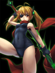 Rule 34 | 1girl, antenna hair, black background, blonde hair, cowboy shot, eboshi hikaru, eyepatch, fingerless gloves, gloves, one-piece swimsuit, original, red eyes, scarf, school swimsuit, simple background, solo, swimsuit, sword, twintails, weapon
