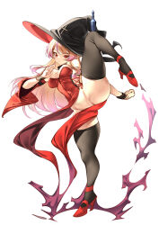 Rule 34 | 1girl, arm behind back, artist request, black thighhighs, blonde hair, blush, corset, dress, dungeon and fighter, fighting stance, full body, gradient hair, hat, heels, mage (dungeon and fighter), multicolored hair, no panties, one leg raised, pink hair, pointy ears, red eyes, serious, standing, standing on one leg, thighhighs, white background, witch, witch hat