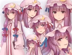 Rule 34 | 1girl, :/, asa (coco), blue bow, blue ribbon, blunt bangs, blush, book, bow, capelet, closed mouth, crescent, dress, expressions, frilled sleeves, frills, hair bow, hair ribbon, hat, hat ribbon, holding, holding book, long hair, looking at viewer, mob cap, multiple views, nose blush, pajamas, parted lips, patchouli knowledge, purple eyes, purple hair, red bow, red ribbon, ribbon, sidelocks, smile, striped clothes, striped dress, sweat, touhou, tress ribbon, turn pale, vertical-striped clothes, vertical-striped dress, very long hair